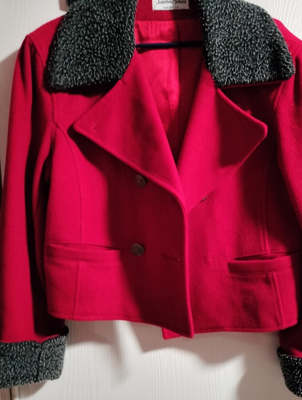 Vintage Jonathan Michael Cropped Red Wool Jacket Faux Fur Collar M